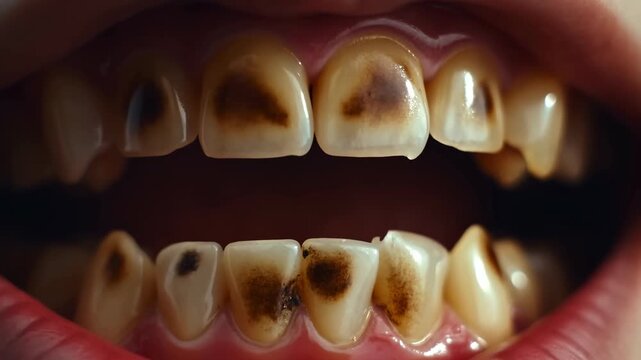 Closeup of stained teeth with plaque buildup in motion opening and closing