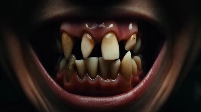 Closeup of fearsome creature's open mouth revealing sharp teeth and gums in motion sequence