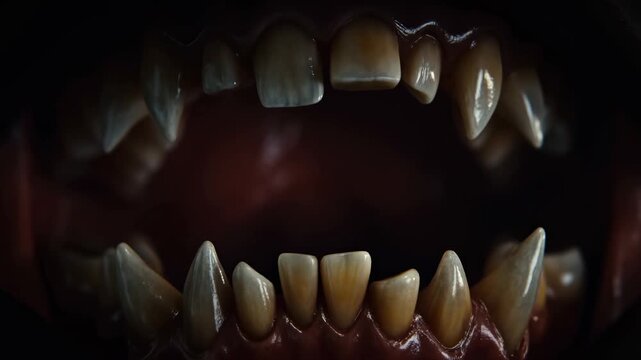 Dramatic zoom on dark, menacing vampire fangs in low light
