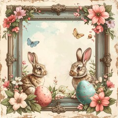 Vintage Easter Frame with Rabbits and Butterflies.