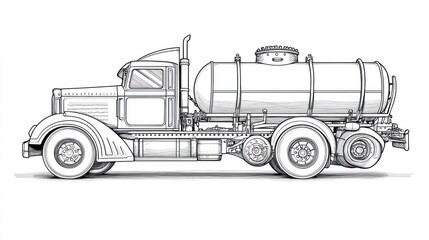 Line art illustration of tanker truck transporting goods, graphic on white, for transportation, industrial uses