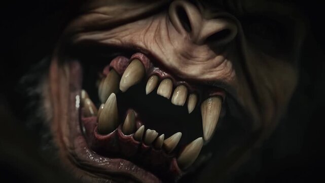 Closeup of intense creature transformation with sharp fangs and snarling expression