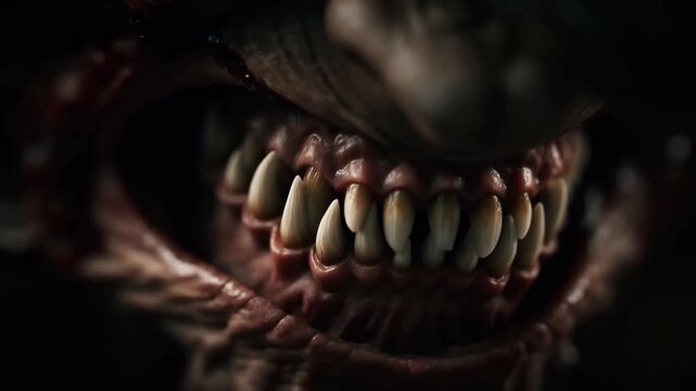 Intense creature growl with sharp teeth in dramatic shadows and light sequence