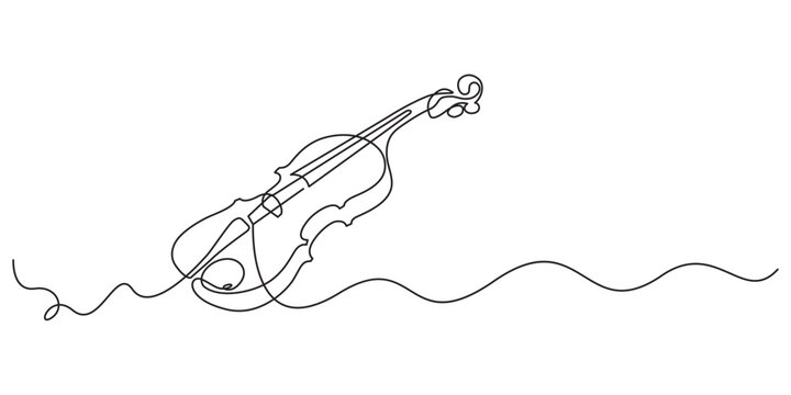 Violin continuous one line drawing, continuous one line drawing. Classic violin music instrument single line art illustration, for orchestra and concert banner in simple linear style. Editable stroke.