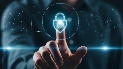 Finger touching digital security lock icon for biometric authentication and private network access control