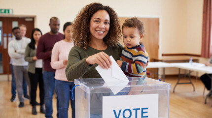 Smiling mother holding a toddler casting a ballot into a voting box at a polling station. Diverse queue of voters waiting in the background to exercise their democratic right.