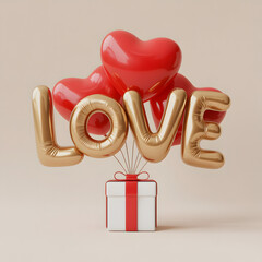 "Gold LOVE Balloon Letters with Red Heart Balloons and Wrapped Gift Box &mdash; Festive Valentine Party Balloon Display"