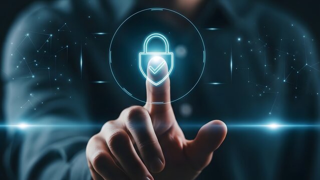 Finger touching digital security lock icon for biometric authentication and private network access control - Powered by Adobe