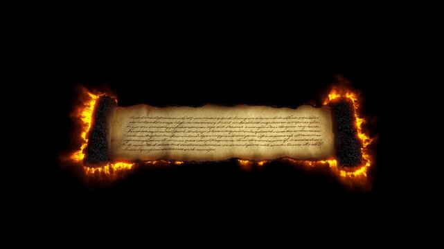 Burning ancient scroll illuminated by flames in dramatic sequence