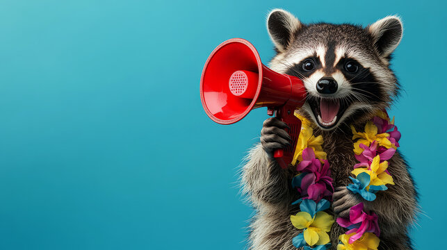 funny raccoon holding a red megaphone and wearing colorful hawaiian leis on a blue background ,Promotion, action, holiday, ad, job questions. Vacancy. Business discount concept, communication, informa
