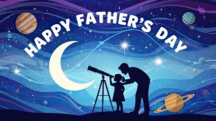 Happy father's day silhouette of father and child stargazing together
