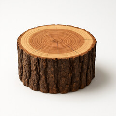 An isolated round brown wooden cross section of a tree trunk object sits on white wood like a lid for a box near a metal coin