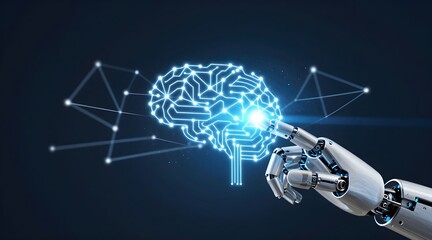 Robotic arm interacting with digital brain interface to represent artificial intelligence