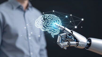 Metallic robot hand touches a glowing digital brain interface with network connections