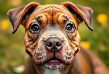 Close up of a happy pitbull puppy's face, big brown eyes, smiling,  young,  joyful
