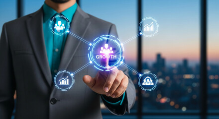 Torso of person in suit touching screen with glowing icons representing growth, success, and teamwork against blurred cityscape background