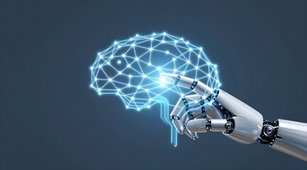 Artificial intelligence is presented as robot hand holding digital brain