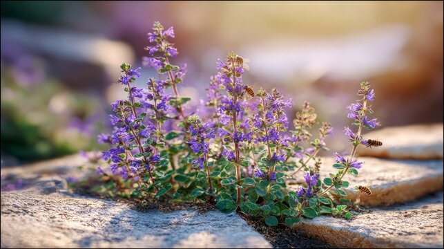 hyssop. Purple hyssop flowers in rocky crevices with bees in morning light. gardening catalogs, home-decor guides, designed for gardening and botanical catalogs.
