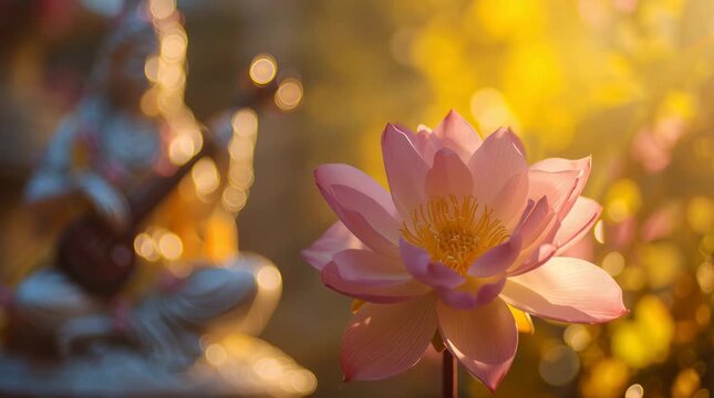 Beautiful yellow lotus flower with blurred Goddess Saraswati statue in background. Vasant Panchami festival concept video.