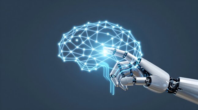 Artificial intelligence is presented as robot hand holding digital brain - Powered by Adobe