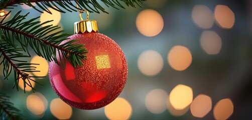 Close-up of a shimmering red and gold bauble ornament hanging on a pine branch with soft bokeh lights in the background, creating a festive glow,  glow,  traditional