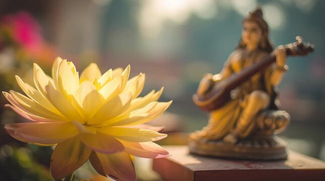 Beautiful yellow lotus flower with blurred Goddess Saraswati statue in background. Vasant Panchami festival concept video.