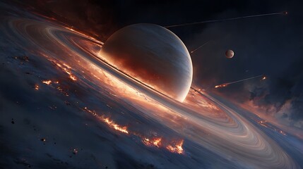 Digital art featuring a planetary body with prominent rings, dramatic fiery effects, and space