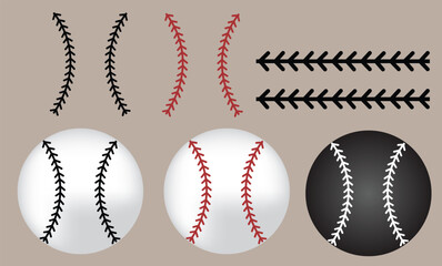Baseball Stitch Seam Elements Set &ndash; Flat Vector Illustration &ndash; Sports Vector Graphic Elements