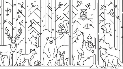 Whimsical forest animals coloring page with deer, bear, and birds in a serene woodland setting