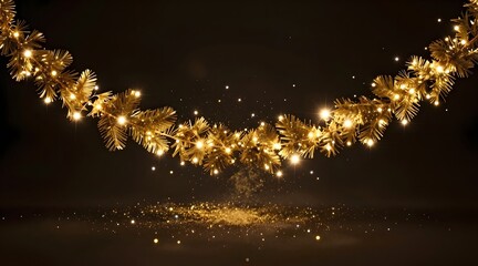 Elegant christmas garland with golden pine needles and shimmering lights