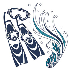 Water Sports Equipment Goggles and Diving Fins © Tupo