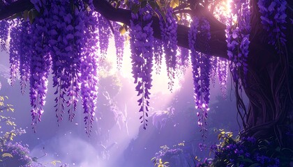 Mystical Wisteria Hanging from Tree Branches.