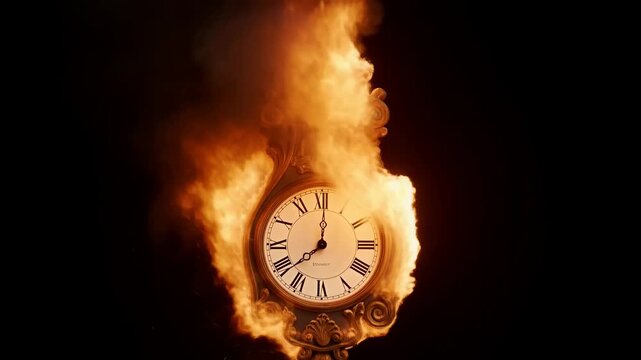 Dramatic burning clock sequence capturing intense time passage and fire movement
