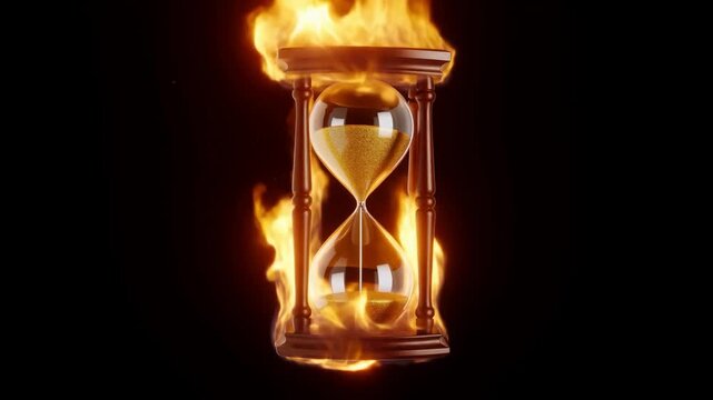 Hourglass ablaze: dramatic sand flowing through flames and time