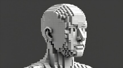 Abstract man made of white blocks looking to the side on a gray background