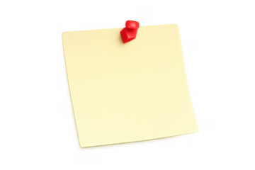 Yellow blank sticky note with red push pin, reminding important messages, tasks, and appointments, transparent background