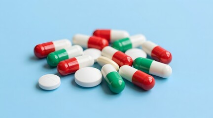 Close-up shot featuring a group of colorful capsules and pills on light blue background
