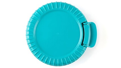 Turquoise plastic serving tray with handle on white background