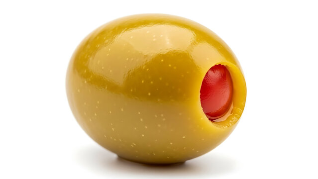 Close-up shot of a single green olive with a red pimento stuffed inside, isolated on white background
