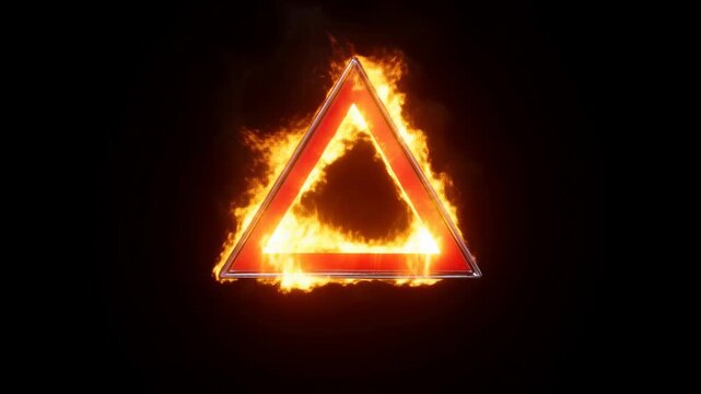 Fiery triangle shaped warning sign in flames against black background
