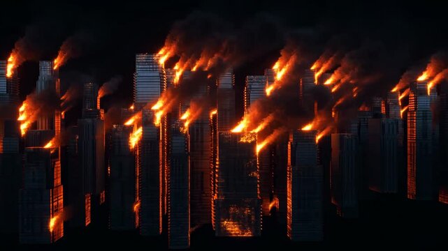 Massive city fire rages: highrise buildings engulfed in flames and smoke