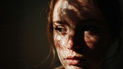 Fototapeta premium person with half of their face covered in deep shadow while the other half is softly lit; the dark side subtly textured with faint chaotic scribble patterns to symbolize intrusive thoughts
