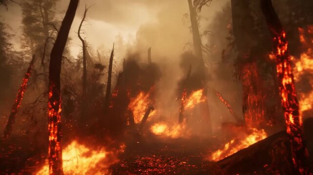 Intense forest fire raging: flames and smoke engulf trees in rapid progression