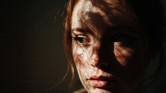 person with half of their face covered in deep shadow while the other half is softly lit; the dark side subtly textured with faint chaotic scribble patterns to symbolize intrusive thoughts