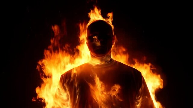 Fiery figure emerging through flames: a dramatic transformation in slow motion