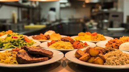 Various Food Dishes Served in Professional Restaurant Kitchen