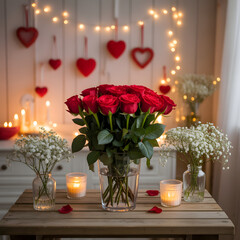 "Valentine's Bouquet of Red Roses in Glass Vase with Candles, Fairy Lights and Heart Decorations &mdash; Romantic Home Table Centerpiece"