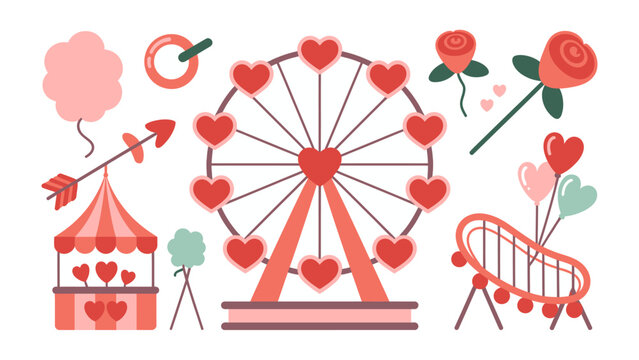 Love-Filled Carnival: An enchanting illustration of a carnival scene, brimming with romantic elements like a Ferris wheel adorned with hearts, rose, and love-themed decorations. 