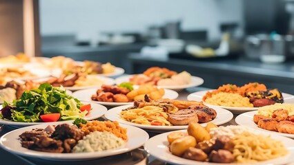 Restaurant Kitchen with Multiple Food Plates Ready to Serve