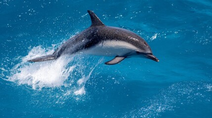 Fototapeta premium dolphin. Dolphin leaping from ocean water, splash in mid-air, natural sunlight. wildlife magazines, conservation campaigns, designed for nature documentaries and education. 
